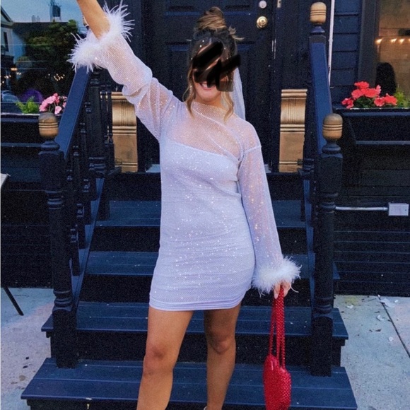 SPARKLY RHINESTONE FEATHER SLEEVE LONG SLEEVE SHEER MINI DRESS - WHITE - Picture 3 of 4